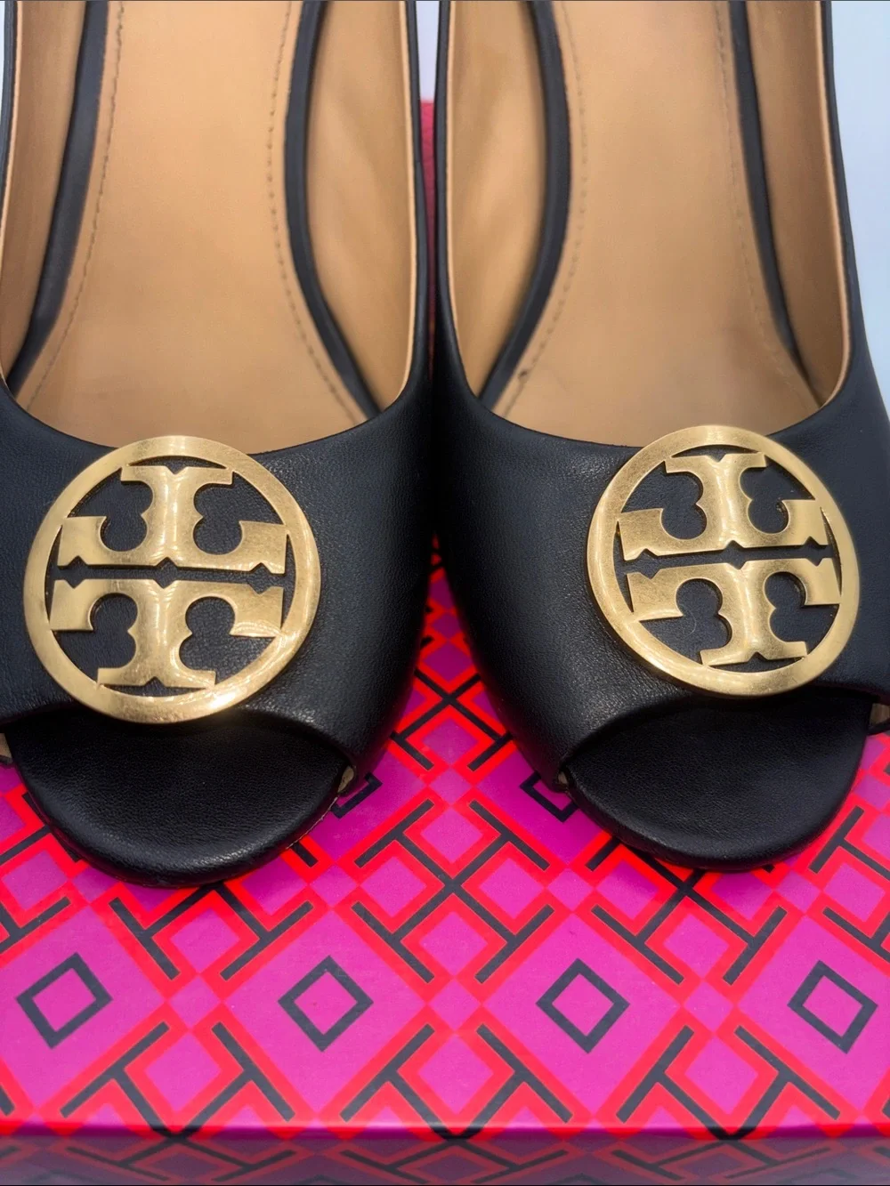 Tory Burch Black Leather Peep Toe Wedges with Gold Logo Medallion